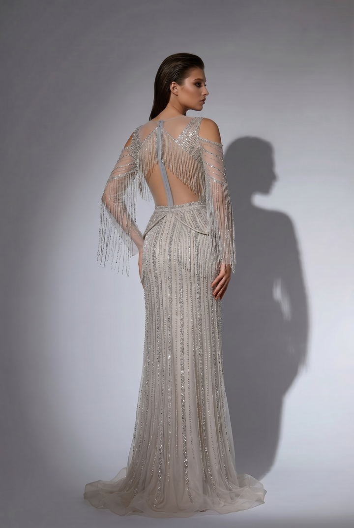 Silver Champagne Beaded Fringe Evening Dress with Illusion Sleeves and Open Back Formal Gown Plus Size