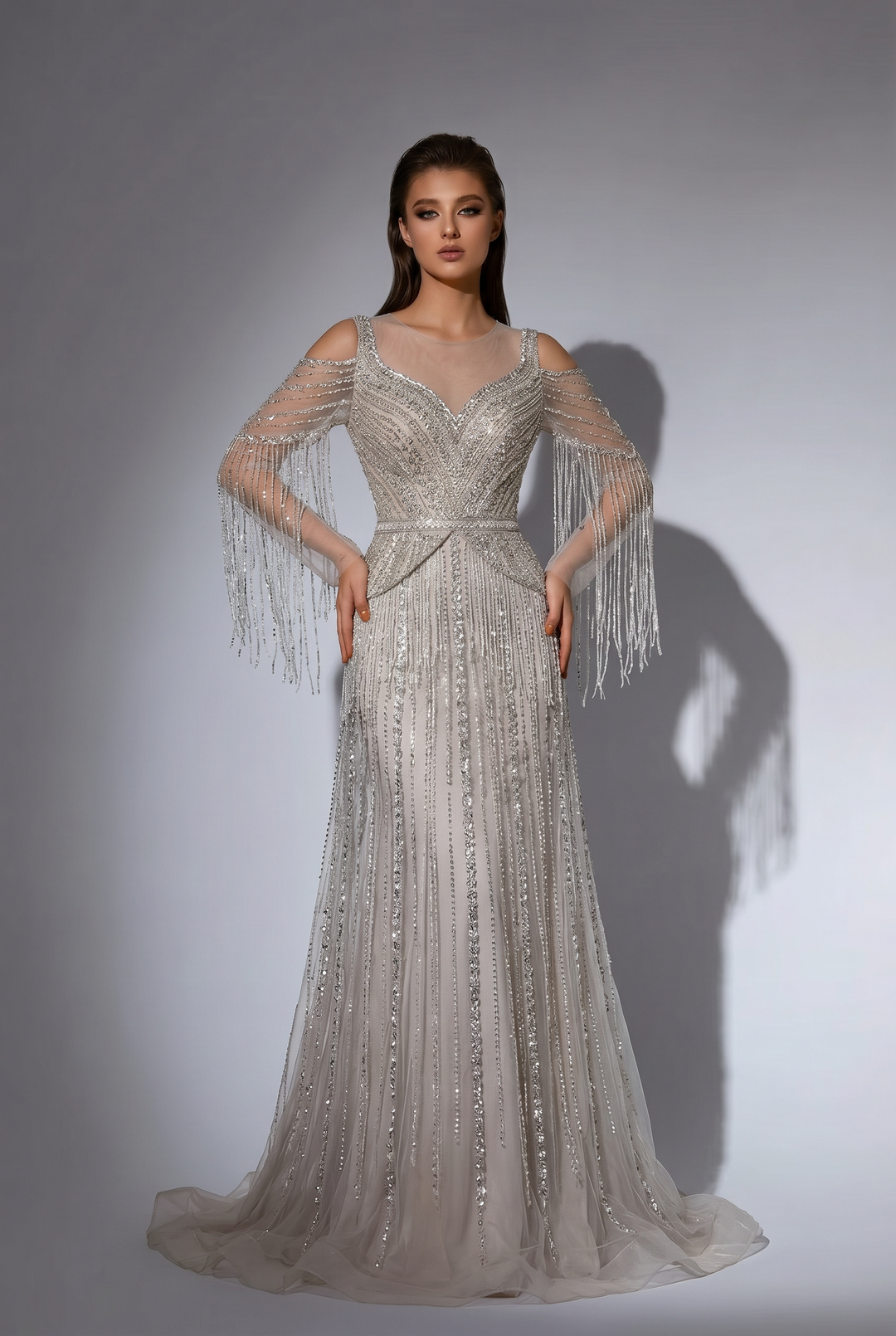 Silver Champagne Beaded Fringe Evening Dress with Illusion Sleeves and Open Back Formal Gown Plus Size