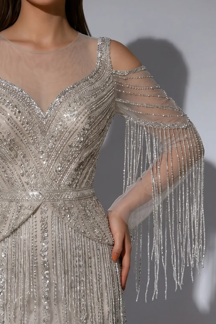 Silver Champagne Beaded Fringe Evening Dress with Illusion Sleeves and Open Back Formal Gown Plus Size