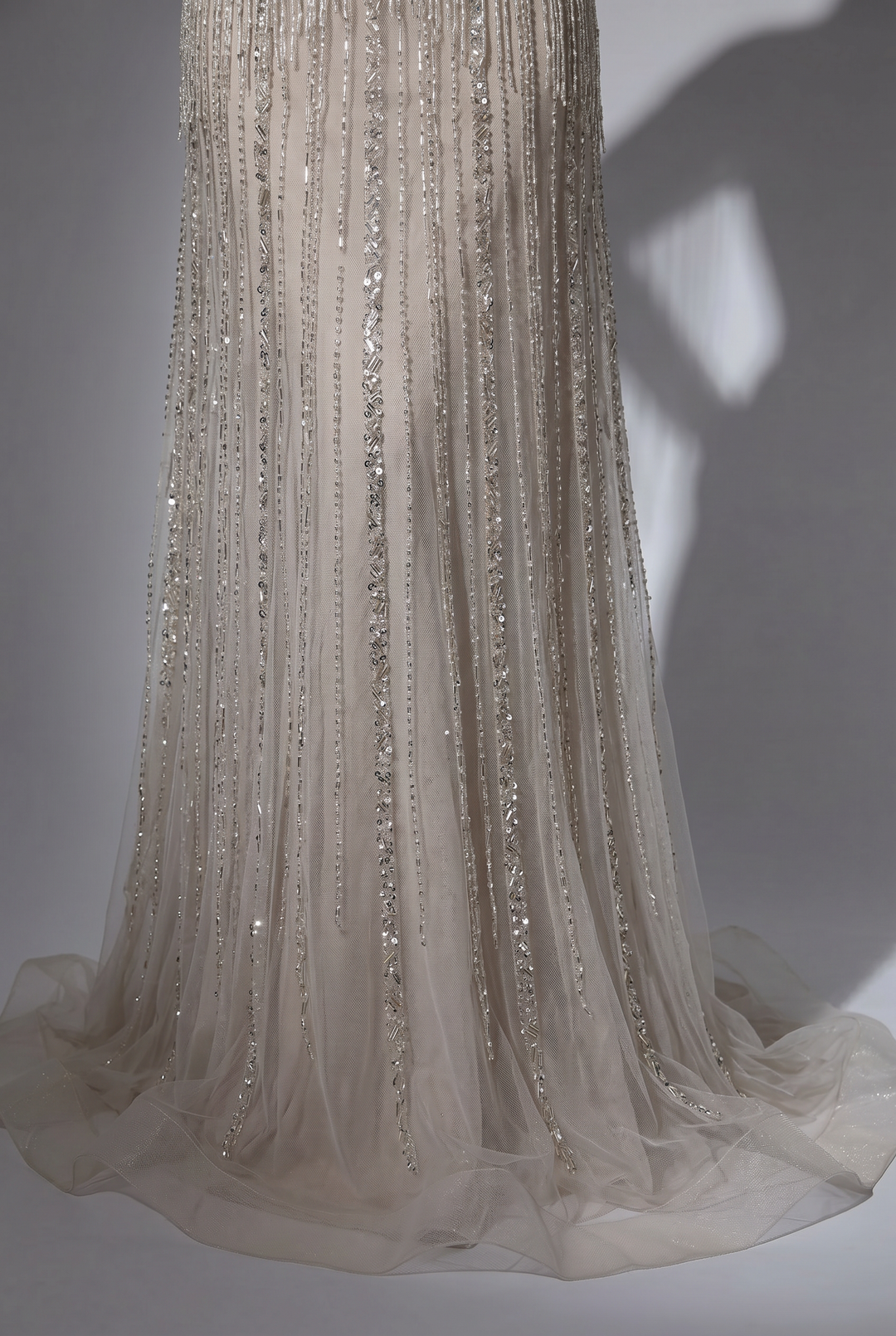 Silver Champagne Beaded Fringe Evening Dress with Illusion Sleeves and Open Back Formal Gown Plus Size