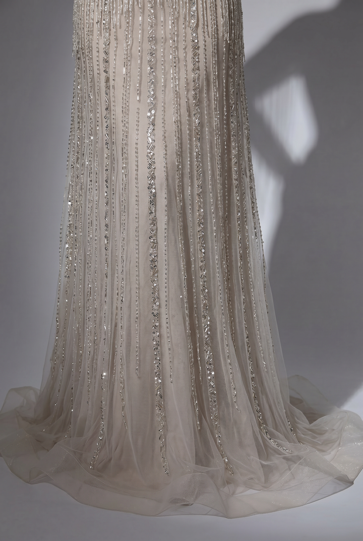 Silver Champagne Beaded Fringe Evening Dress with Illusion Sleeves and Open Back Formal Gown Plus Size