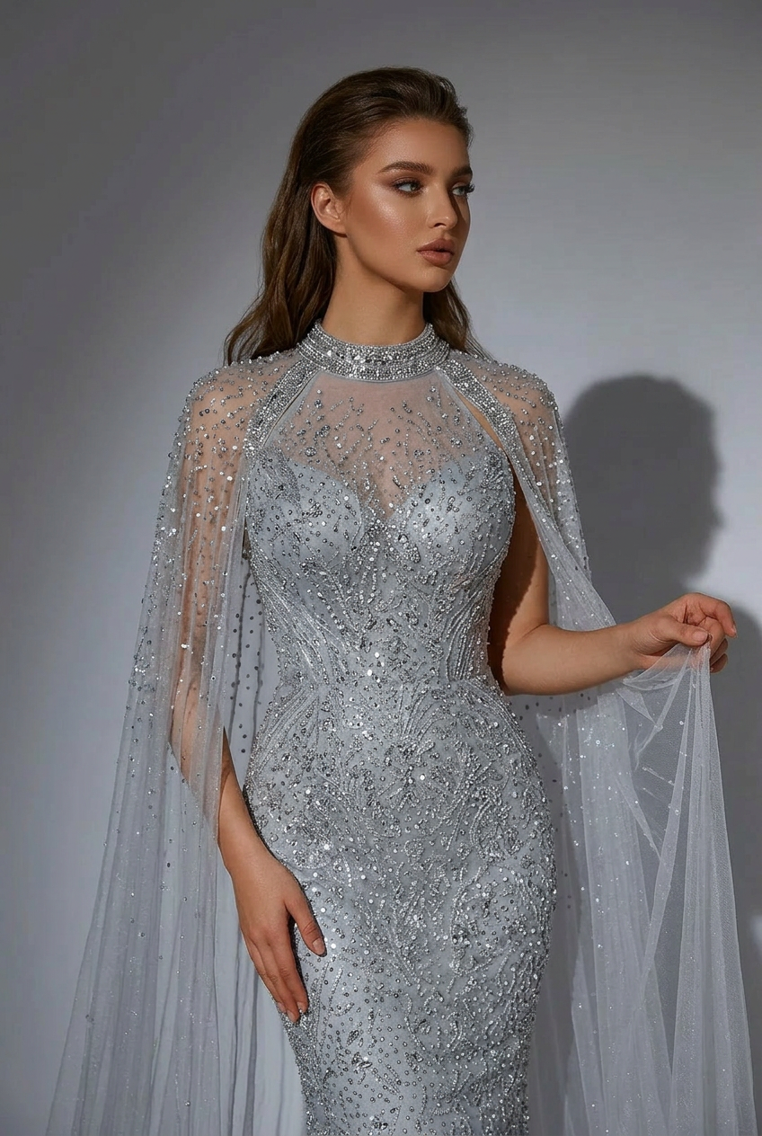 Silver Convertible Sequin Evening Gown with Cape Overlay – Silver Glitter Dress with Open Back Plus Size