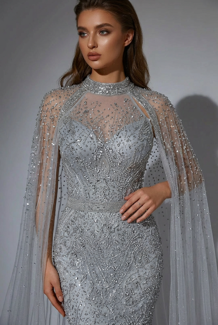 Silver Convertible Sequin Evening Gown with Cape Overlay – Silver Glitter Dress with Open Back Plus Size