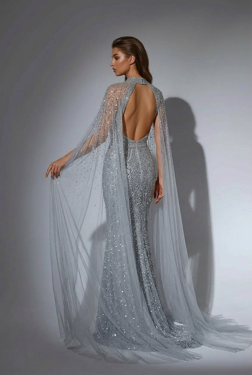 Silver Convertible Sequin Evening Gown with Cape Overlay – Silver Glitter Dress with Open Back Plus Size