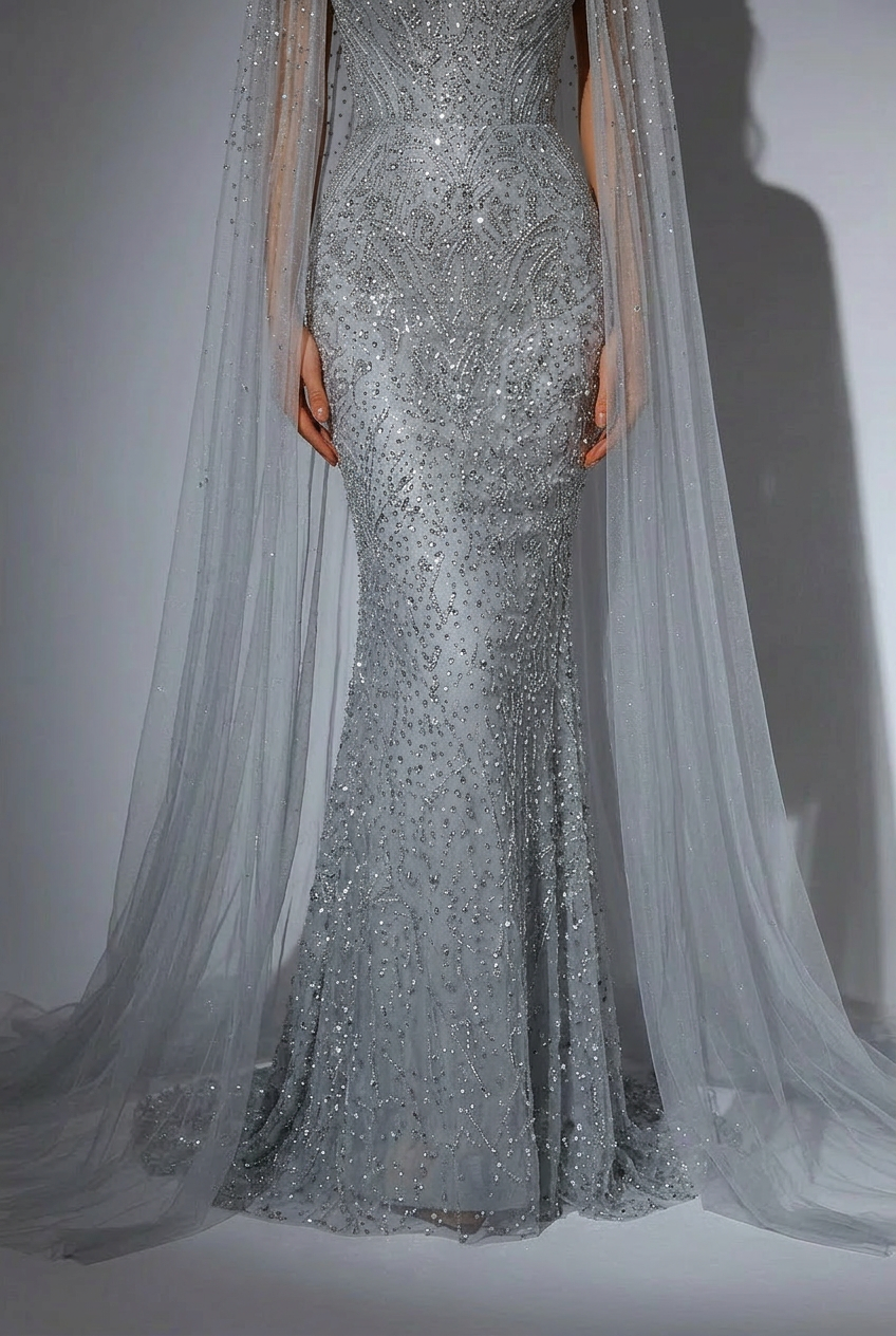 Silver Convertible Sequin Evening Gown with Cape Overlay – Silver Glitter Dress with Open Back Plus Size