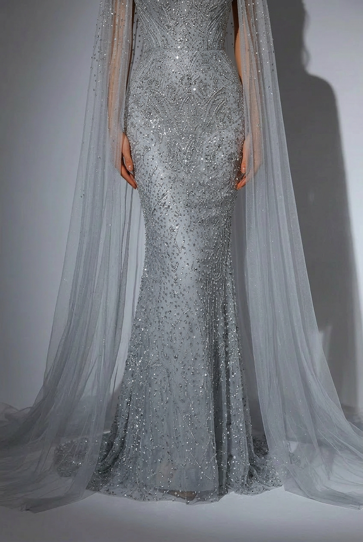 Silver Convertible Sequin Evening Gown with Cape Overlay – Silver Glitter Dress with Open Back Plus Size