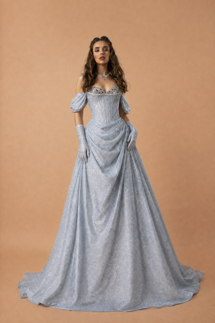 Silver Glitter Off-Shoulder Evening Dress with Corset Bodice – Designer Sequin Gown with Sweetheart NecklinePlus Size