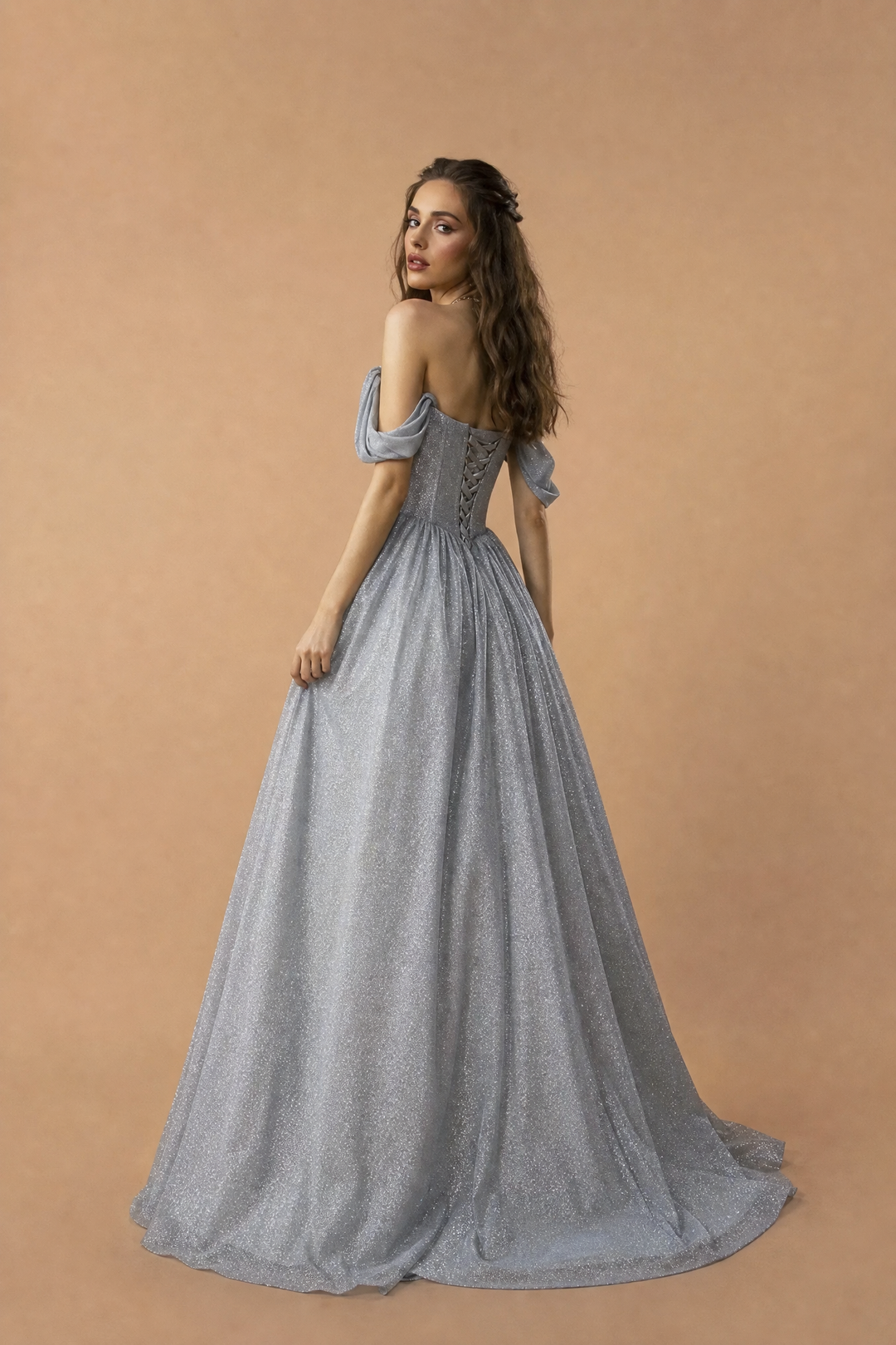 Silver Glitter Off-Shoulder Evening Dress with Corset Bodice – Designer Sequin Gown with Sweetheart NecklinePlus Size