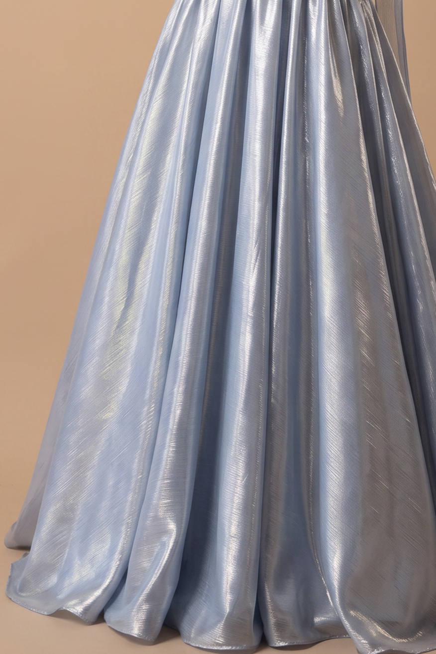 Silver Gray Satin Ball Gown with Embellished Corset Bodice, Halter Scarf Detail and Flowing Train Plus Size