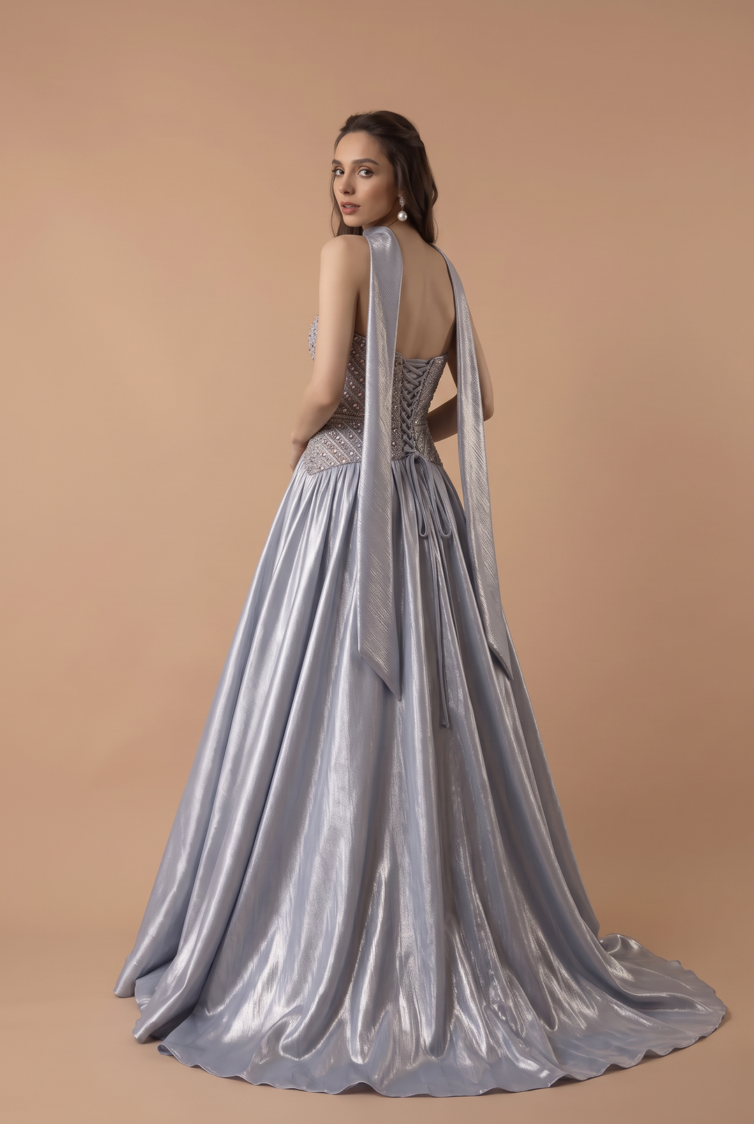 Silver Gray Satin Ball Gown with Embellished Corset Bodice, Halter Scarf Detail and Flowing Train Plus Size