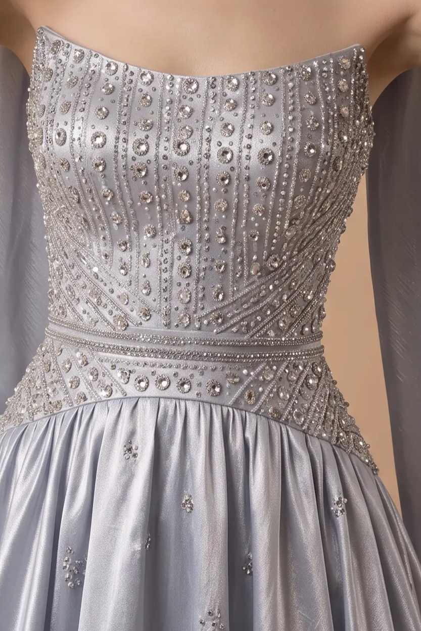 Silver Gray Satin Ball Gown with Embellished Corset Bodice, Halter Scarf Detail and Flowing Train Plus Size