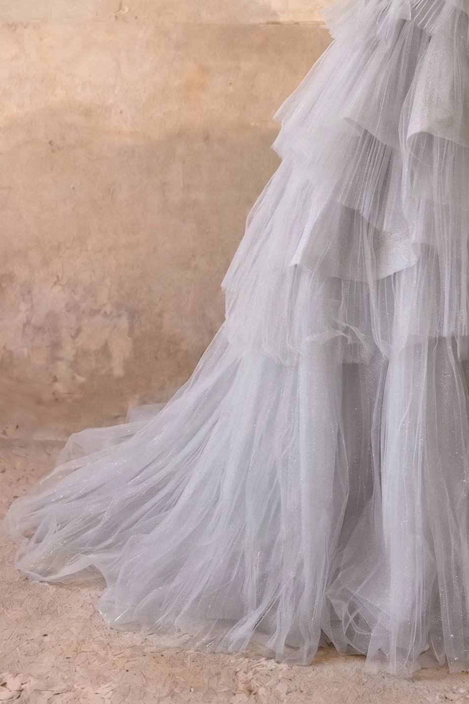 Silver Gray Tiered Tulle Ball Gown with Deep V Neck Open Back and Ruffle Skirt Formal Dress Plus Size