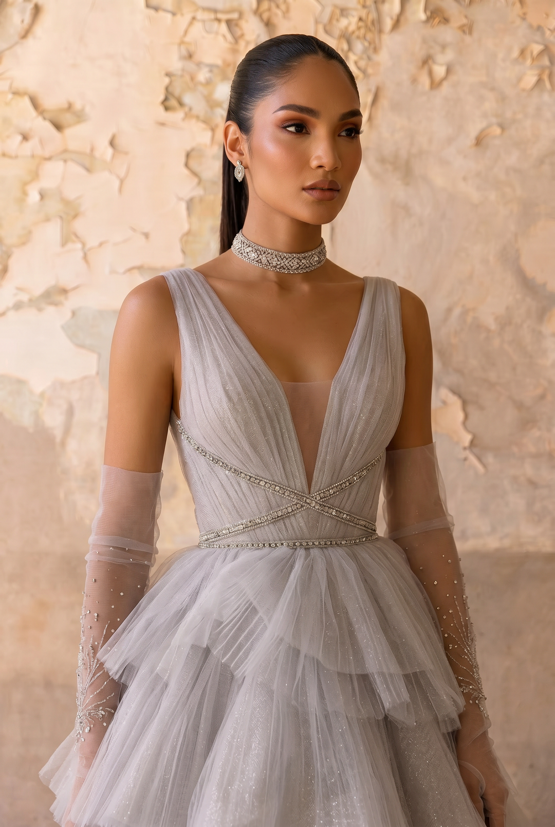 Silver Gray Tiered Tulle Ball Gown with Deep V Neck Open Back and Ruffle Skirt Formal Dress Plus Size