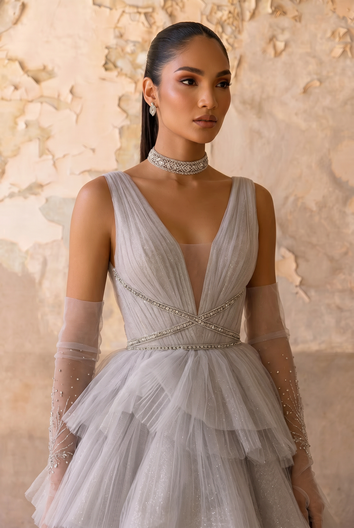 Silver Gray Tiered Tulle Ball Gown with Deep V Neck Open Back and Ruffle Skirt Formal Dress Plus Size