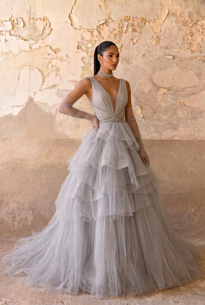 Silver Gray Tiered Tulle Ball Gown with Deep V Neck Open Back and Ruffle Skirt Formal Dress Plus Size