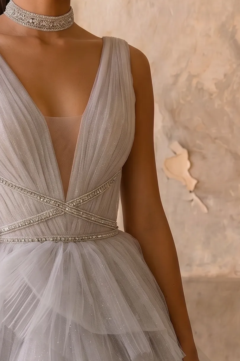 Silver Gray Tiered Tulle Ball Gown with Deep V Neck Open Back and Ruffle Skirt Formal Dress Plus Size