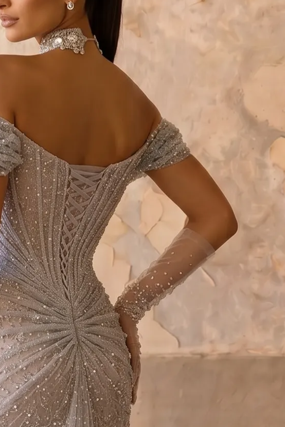 Silver Grey Off-the-Shoulder Mermaid Evening Gown with Draped Front, Corset Back and Matching Choker – Formal Dress Plus Size