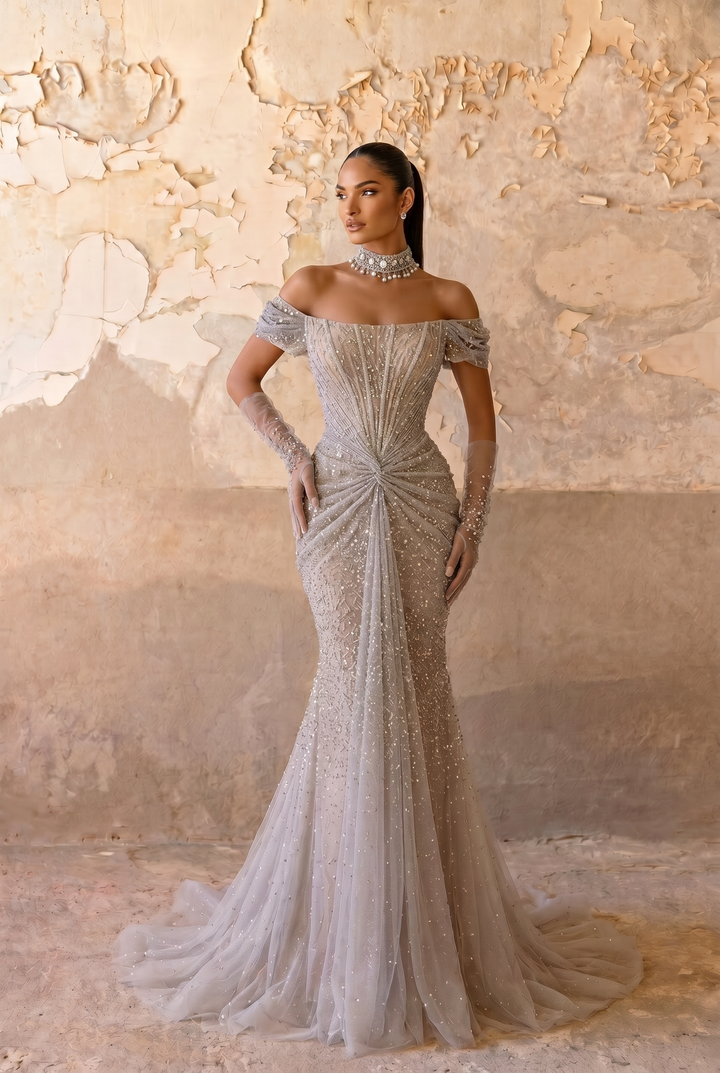 Silver Grey Off-the-Shoulder Mermaid Evening Gown with Draped Front, Corset Back and Matching Choker – Formal Dress Plus Size