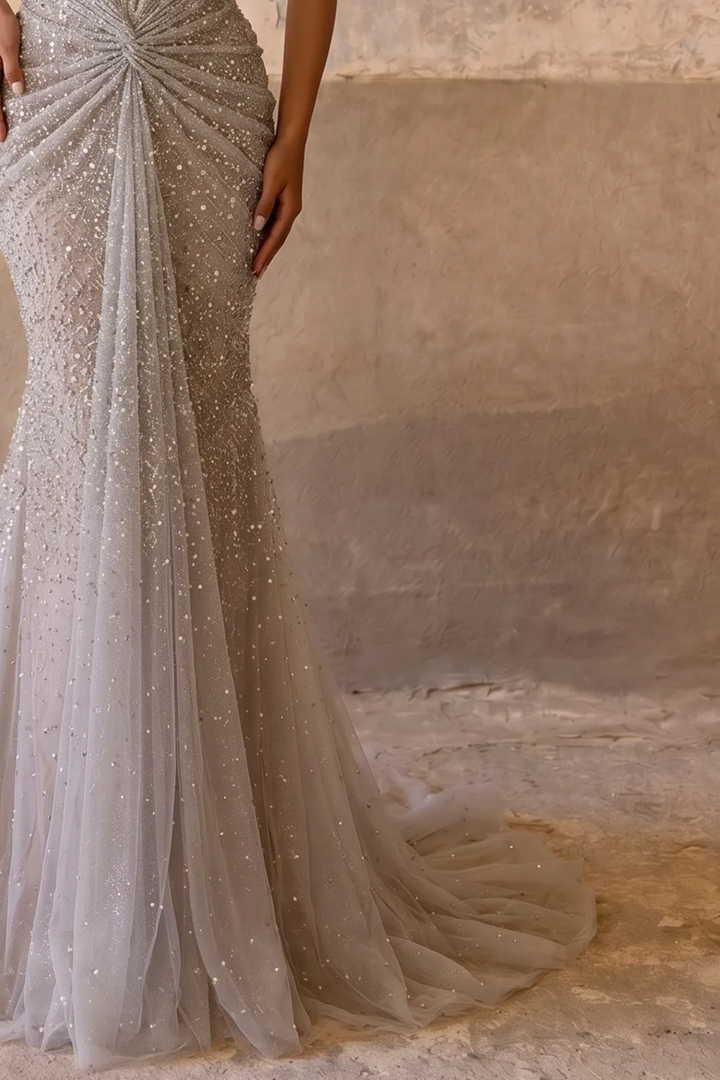 Silver Grey Off-the-Shoulder Mermaid Evening Gown with Draped Front, Corset Back and Matching Choker – Formal Dress Plus Size