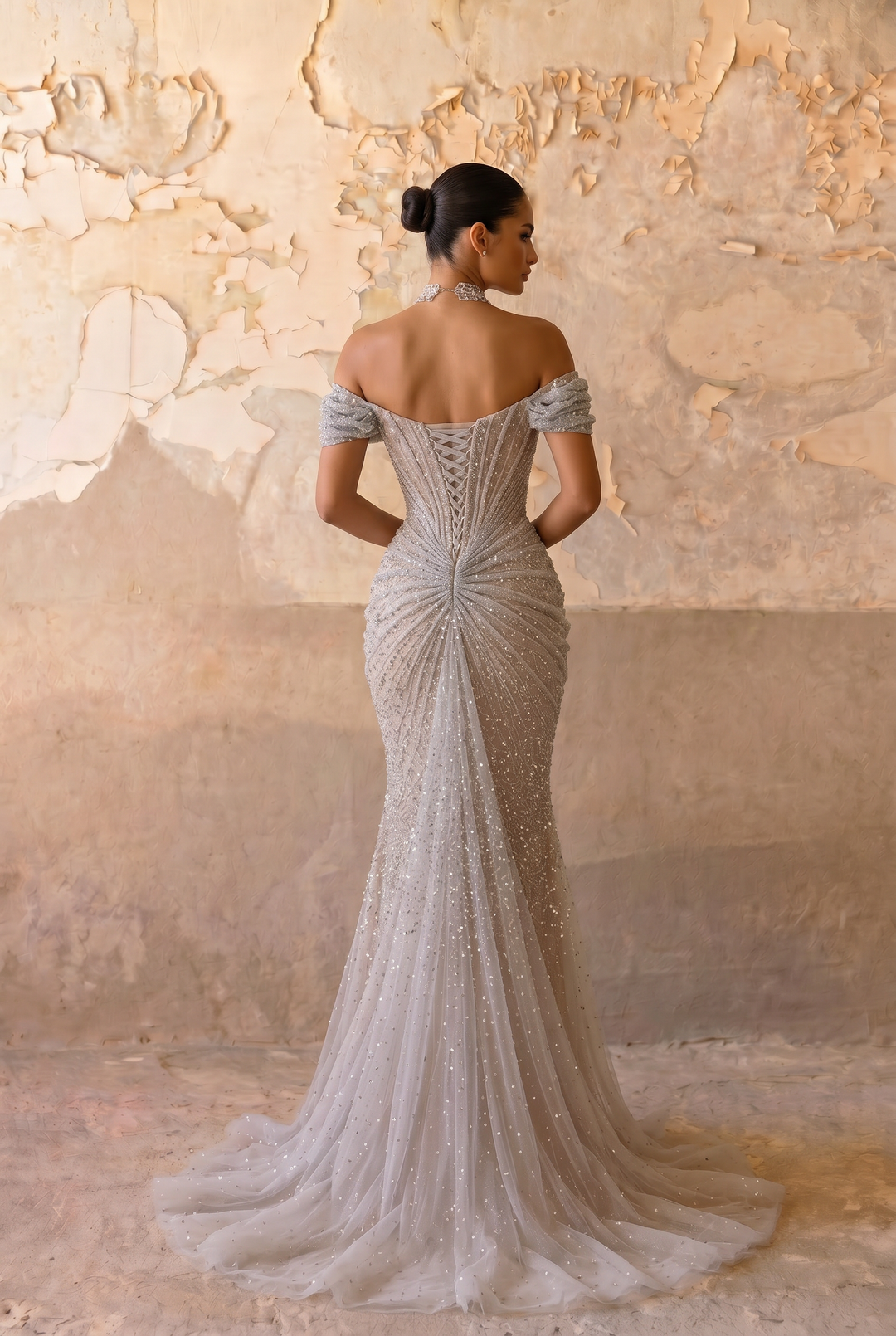 Silver Grey Off-the-Shoulder Mermaid Evening Gown with Draped Front, Corset Back and Matching Choker – Formal Dress Plus Size