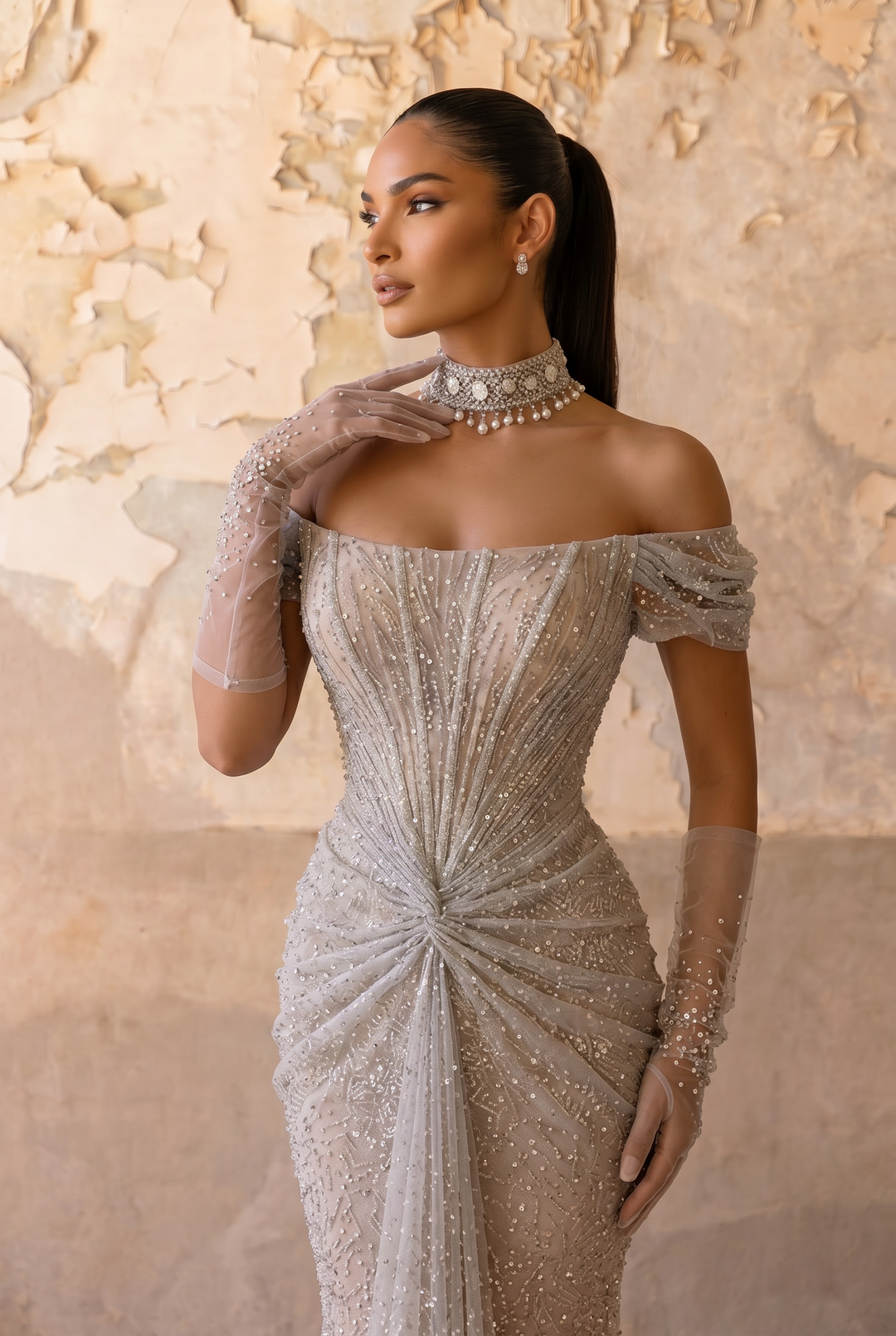 Silver Grey Off-the-Shoulder Mermaid Evening Gown with Draped Front, Corset Back and Matching Choker – Formal Dress Plus Size