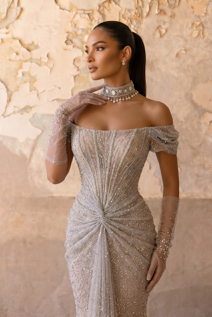 Silver Grey Off-the-Shoulder Mermaid Evening Gown with Draped Front, Corset Back and Matching Choker – Formal Dress Plus Size
