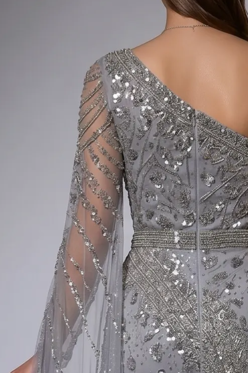 Silver Grey One-Shoulder Beaded Evening Gown with Sheer Cape Sleeve and High Slit Formal Dress Plus Size