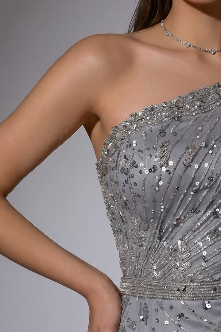 Silver Grey One-Shoulder Beaded Evening Gown with Sheer Cape Sleeve and High Slit Formal Dress Plus Size