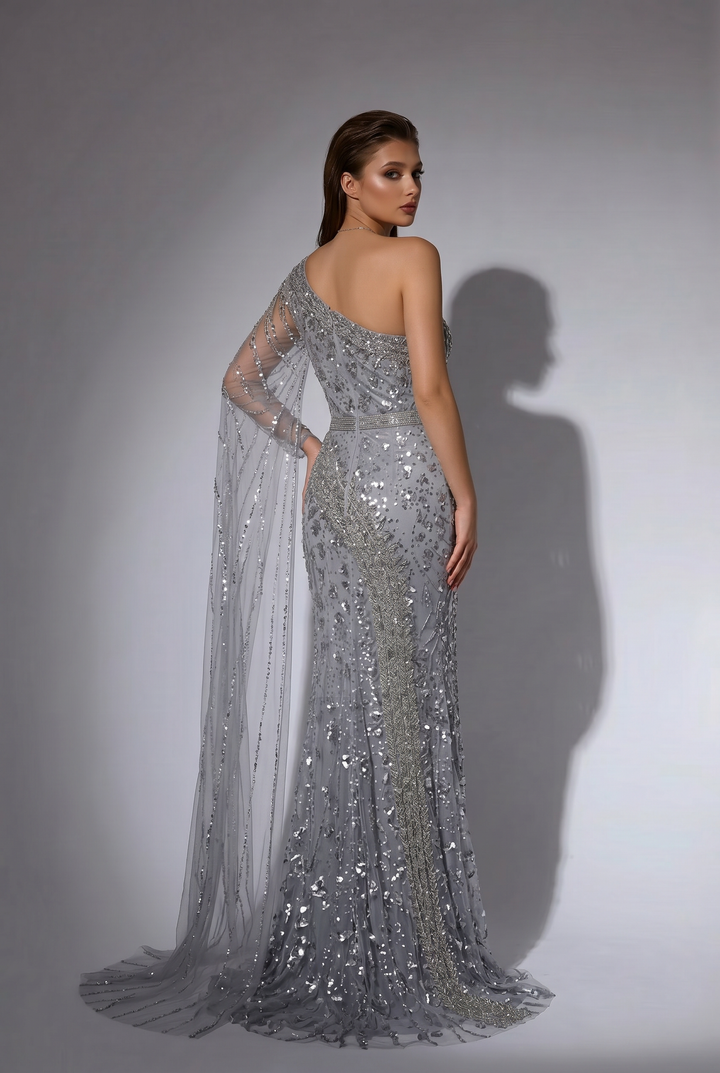 Silver Grey One-Shoulder Beaded Evening Gown with Sheer Cape Sleeve and High Slit Formal Dress Plus Size