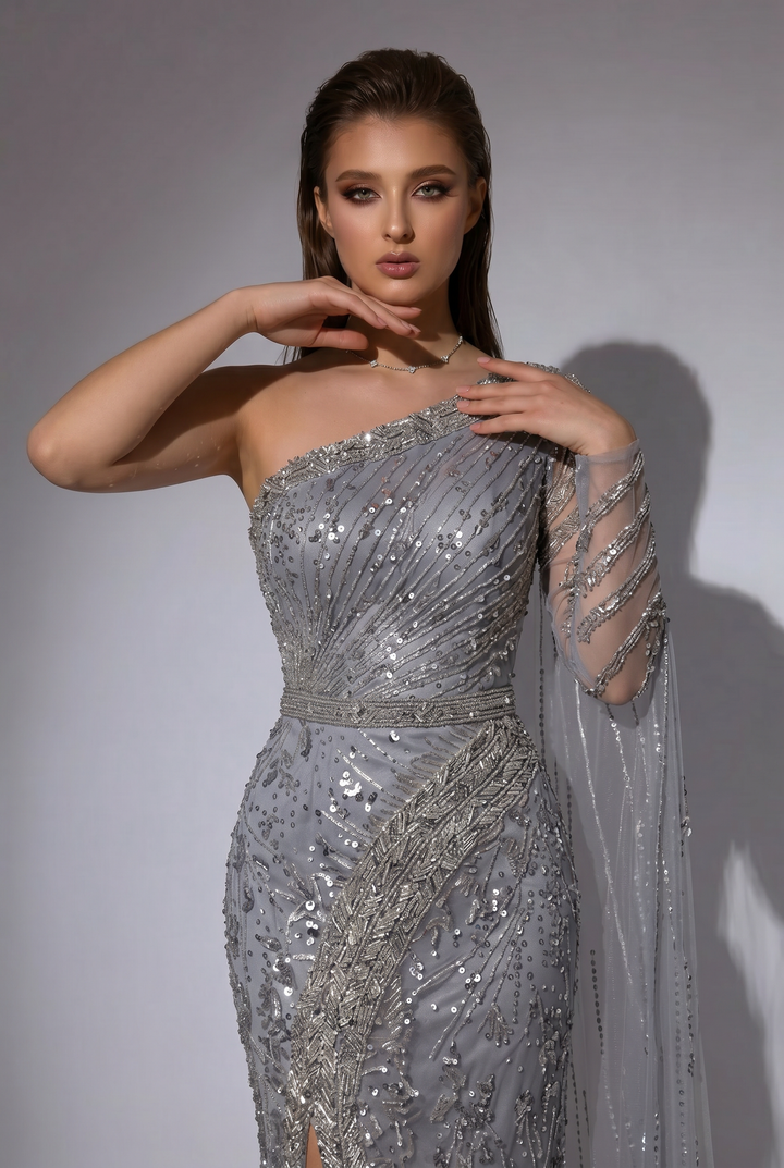 Silver Grey One-Shoulder Beaded Evening Gown with Sheer Cape Sleeve and High Slit Formal Dress Plus Size