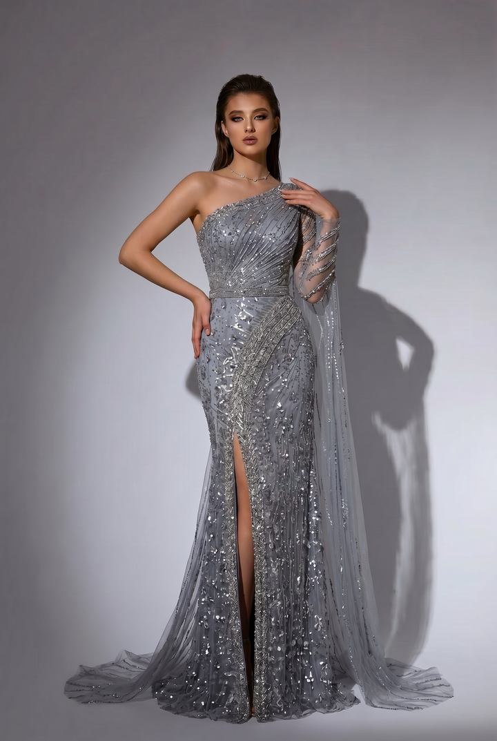 Silver Grey One-Shoulder Beaded Evening Gown with Sheer Cape Sleeve and High Slit Formal Dress Plus Size