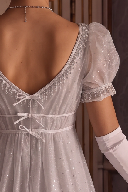 Silver Grey Regency Era Empire Waist Ball Gown with Puff Sleeves and Embroidered Lace Trim Plus Size