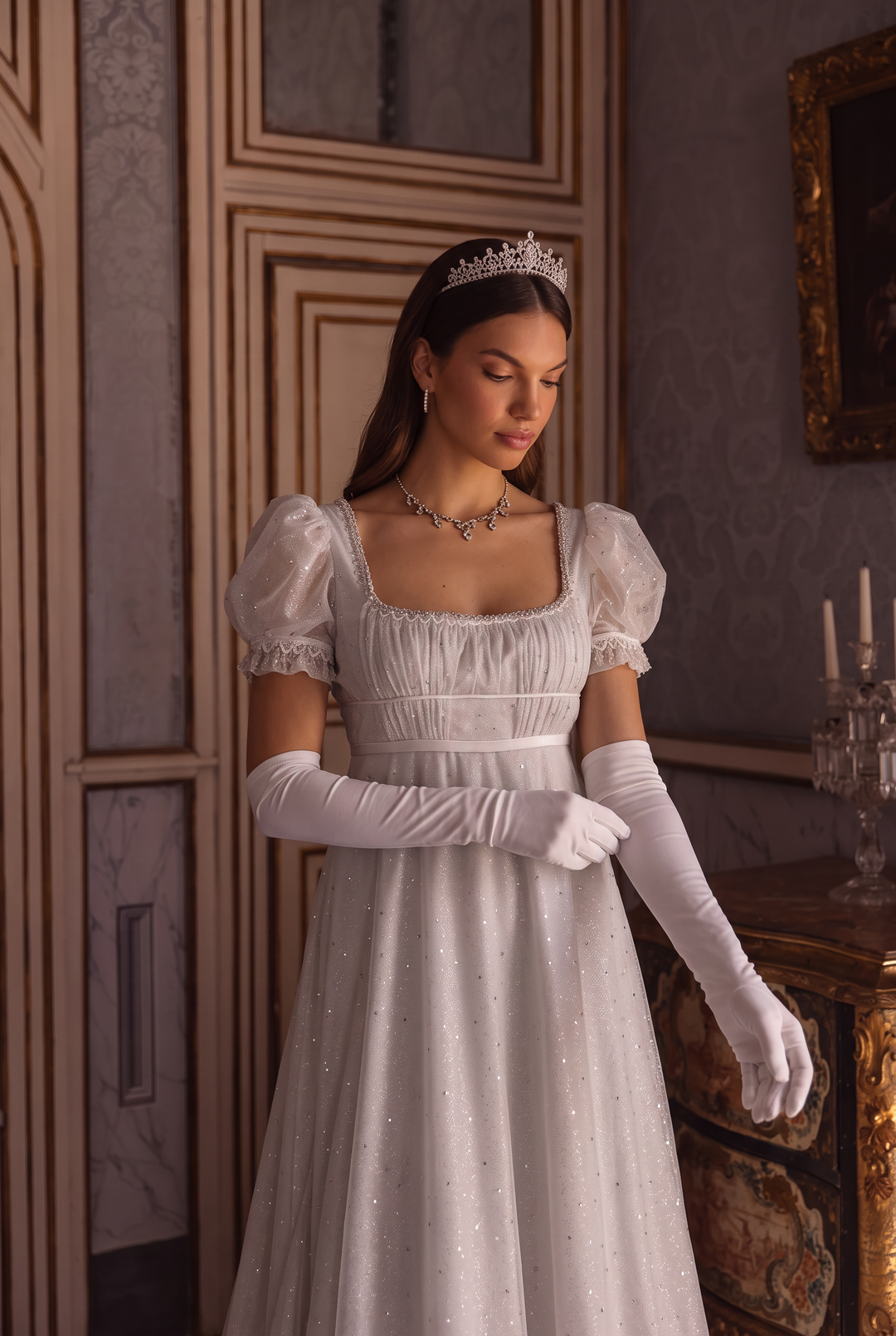 Silver Grey Regency Era Empire Waist Ball Gown with Puff Sleeves and Embroidered Lace Trim Plus Size
