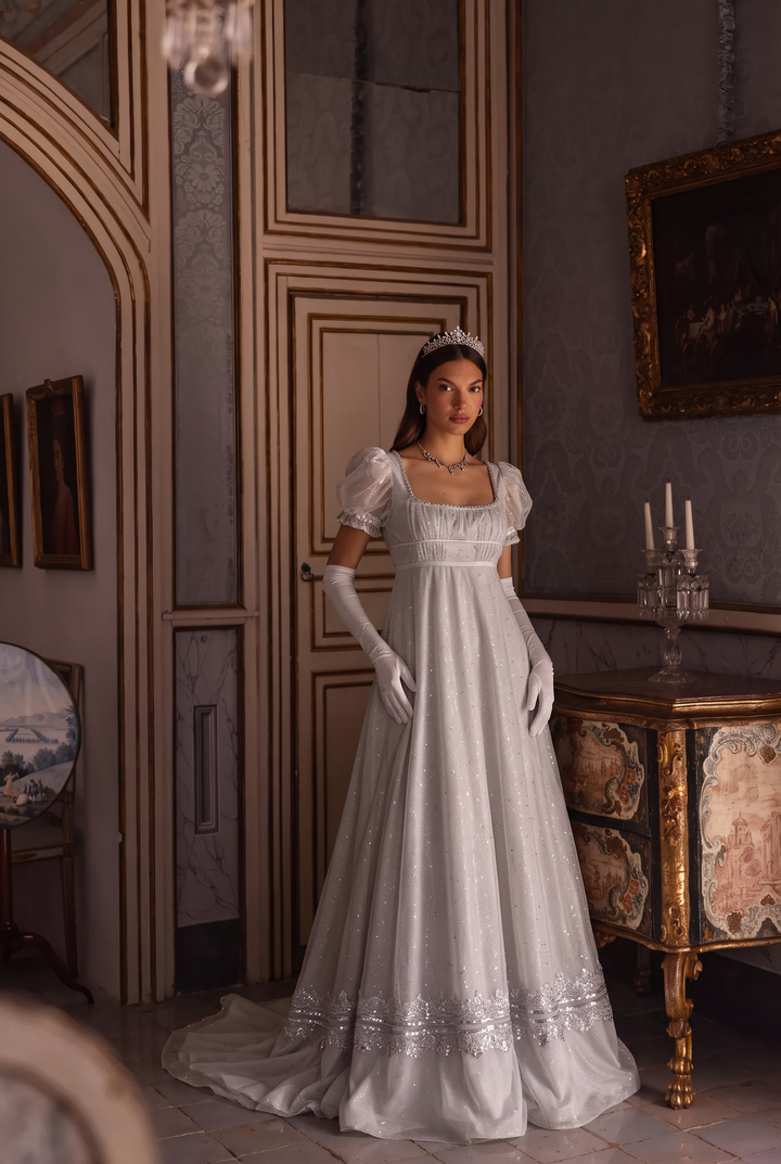 Silver Grey Regency Era Empire Waist Ball Gown with Puff Sleeves and Embroidered Lace Trim Plus Size