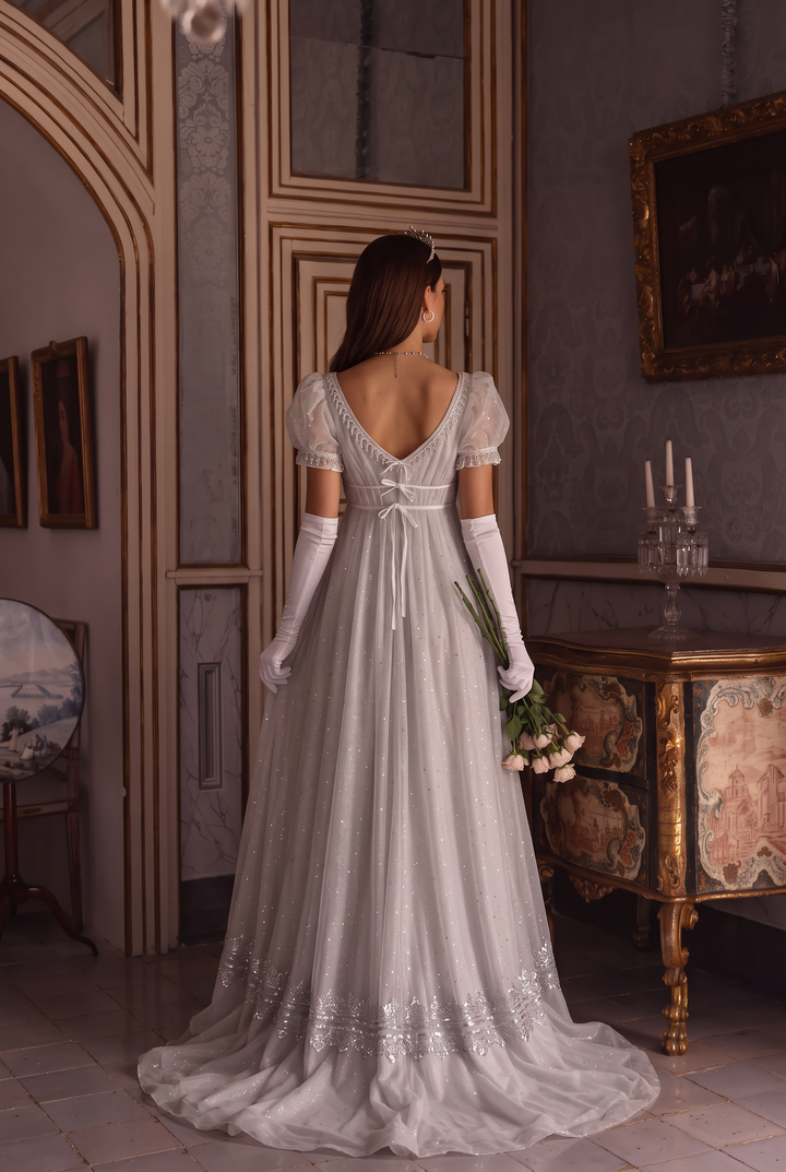 Silver Grey Regency Era Empire Waist Ball Gown with Puff Sleeves and Embroidered Lace Trim Plus Size