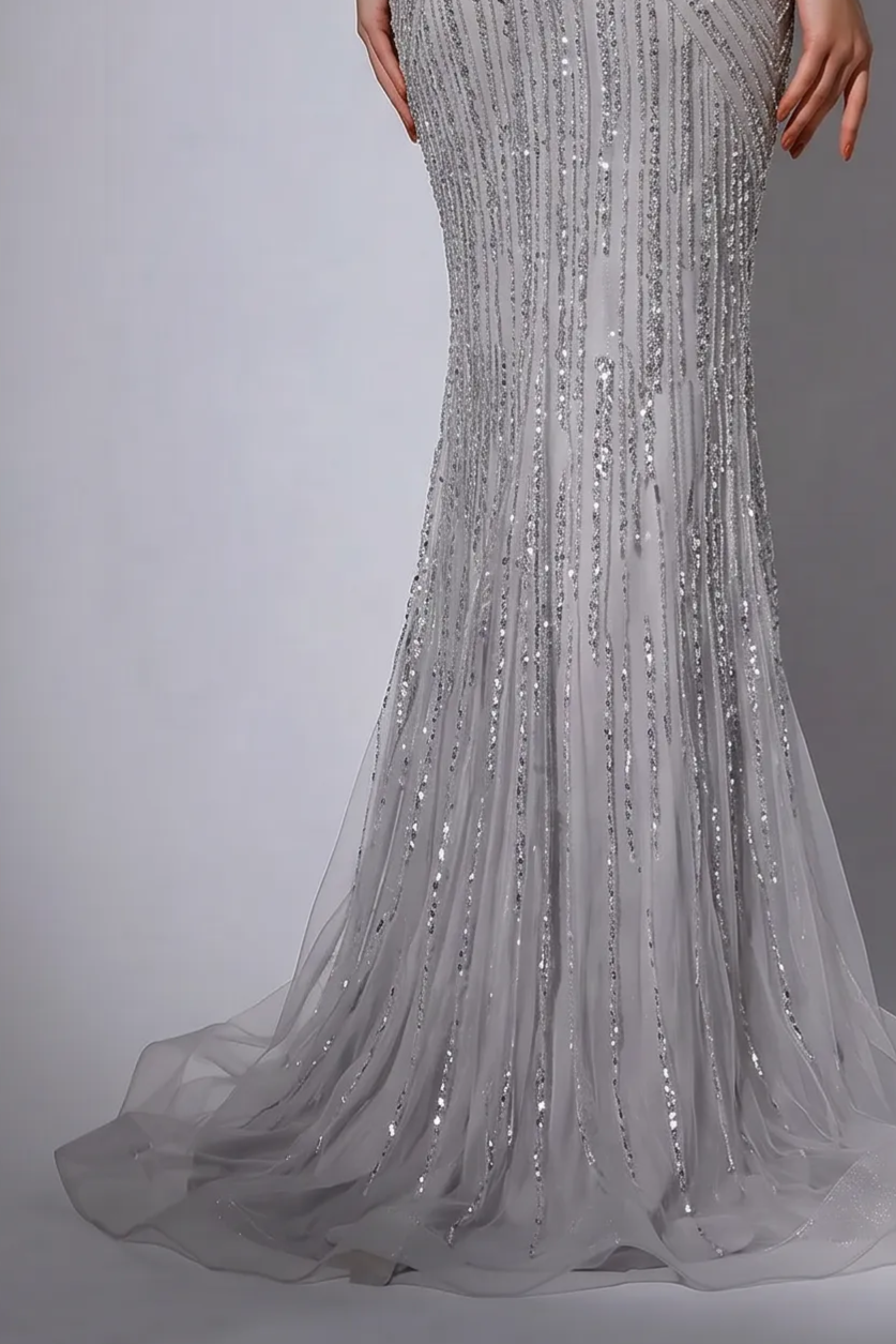 Silver Mermaid Evening Dress with Crystal Beading, Halter Neck and Off Shoulder Illusion Sleeves Formal Gown Plus Size