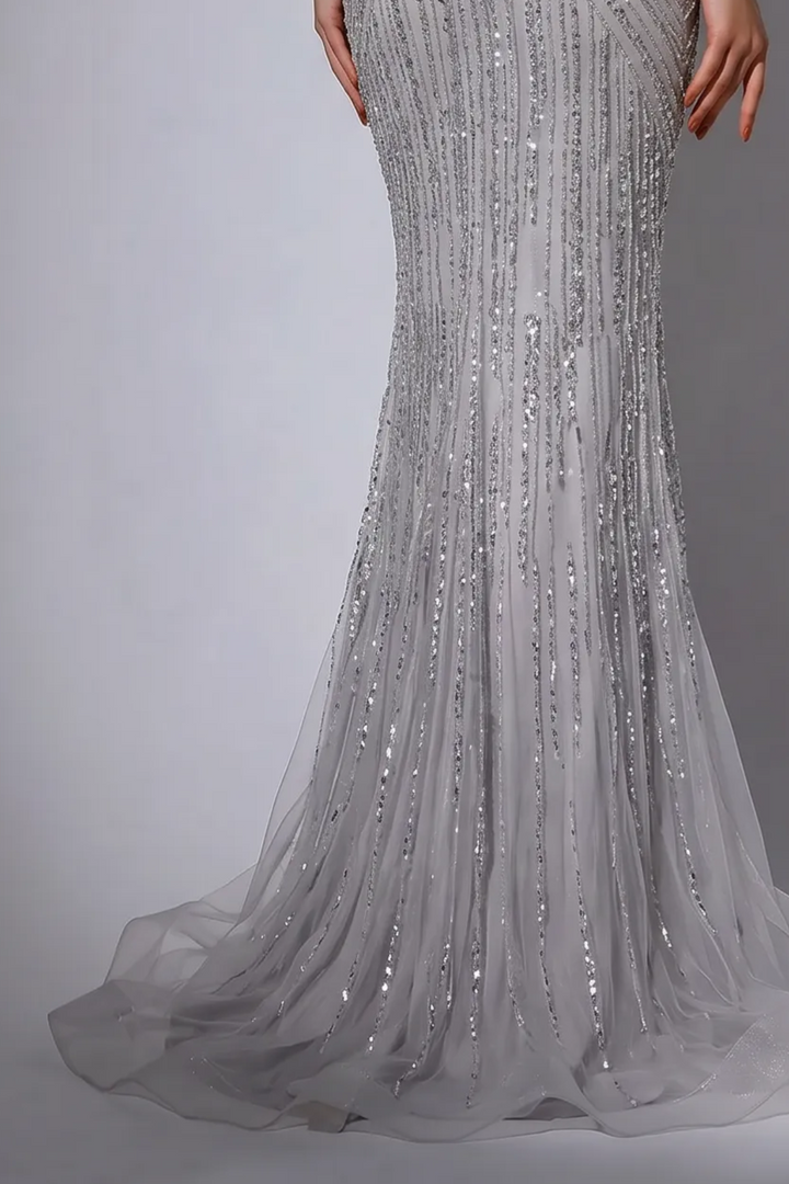 Silver Mermaid Evening Dress with Crystal Beading, Halter Neck and Off Shoulder Illusion Sleeves Formal Gown Plus Size