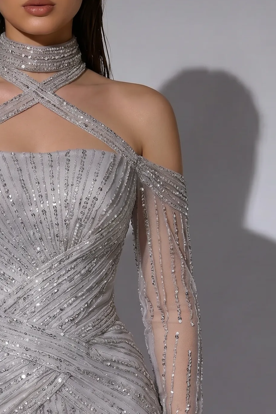 Silver Mermaid Evening Dress with Crystal Beading, Halter Neck and Off Shoulder Illusion Sleeves Formal Gown Plus Size