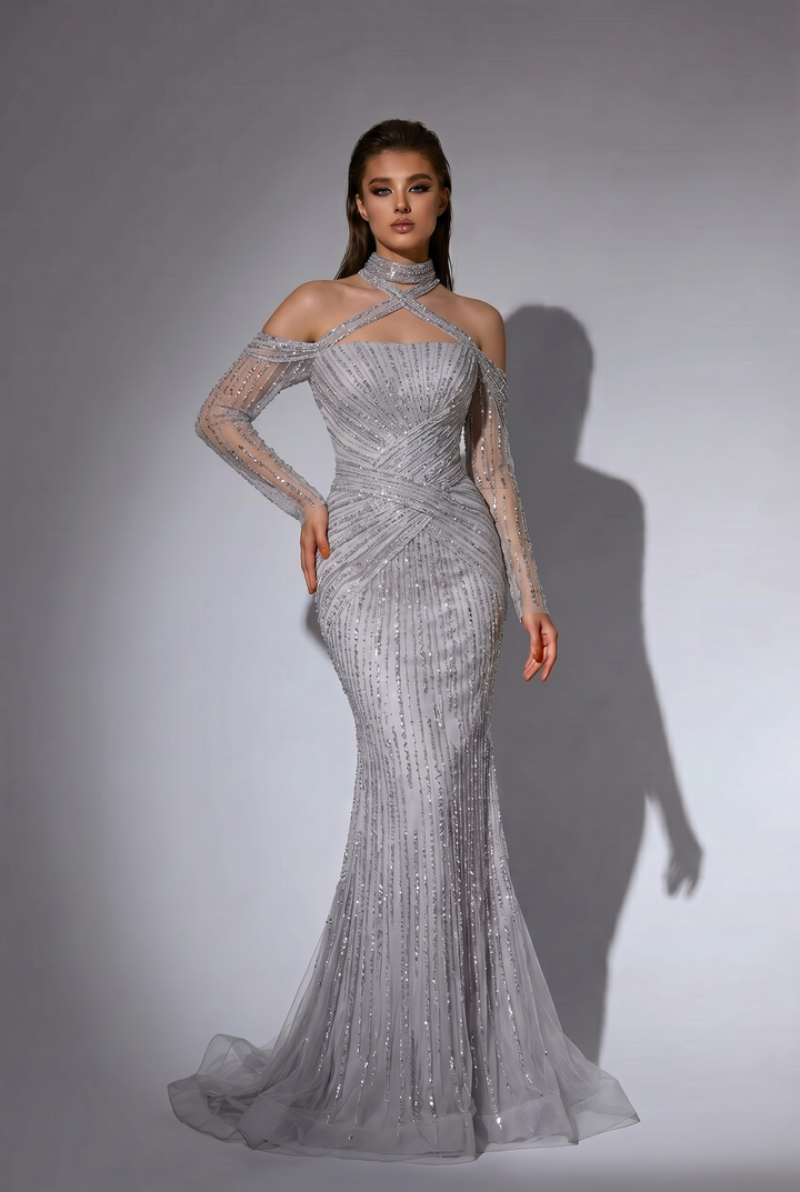 Silver Mermaid Evening Dress with Crystal Beading, Halter Neck and Off Shoulder Illusion Sleeves Formal Gown Plus Size Size 10 / Silver