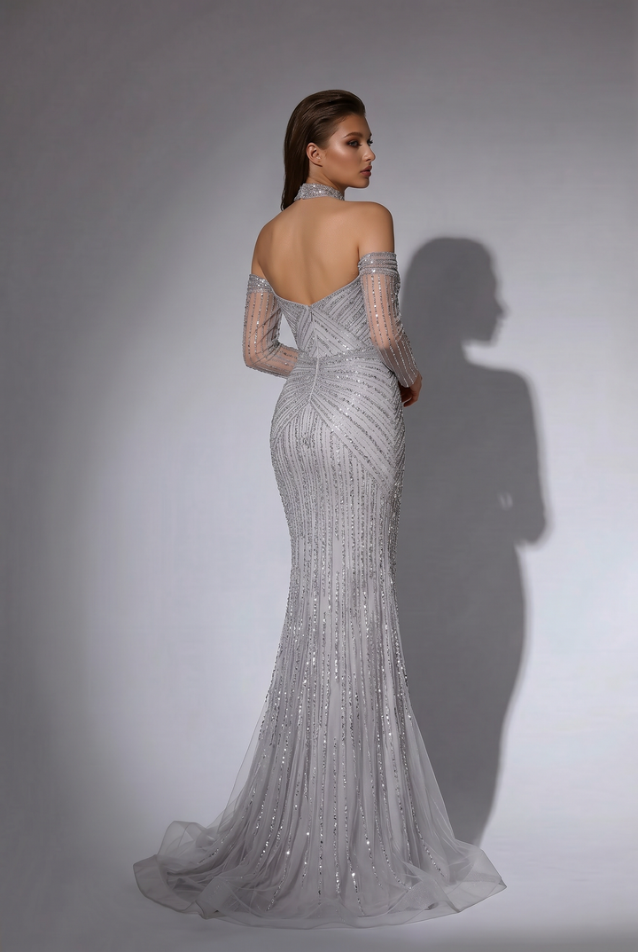 Silver Mermaid Evening Dress with Crystal Beading, Halter Neck and Off Shoulder Illusion Sleeves Formal Gown Plus Size