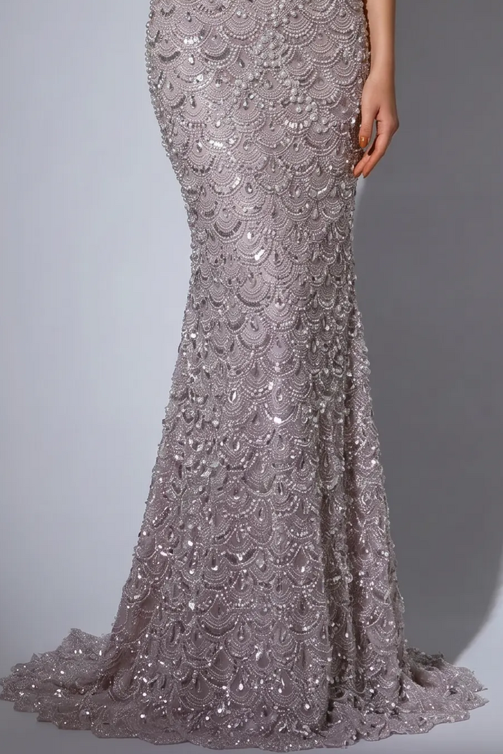Silver Mermaid Evening Gown with Draped Off-the-Shoulder Neckline, Hand-Beaded Lace and Crystal Floral Brooch Plus Size