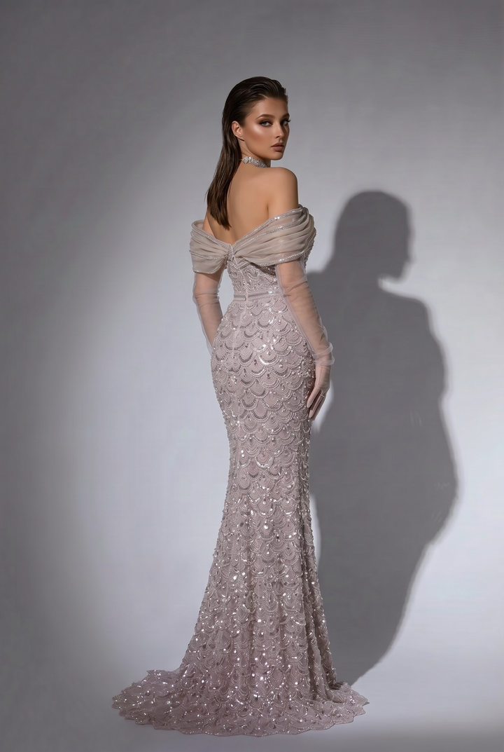 Silver Mermaid Evening Gown with Draped Off-the-Shoulder Neckline, Hand-Beaded Lace and Crystal Floral Brooch Plus Size