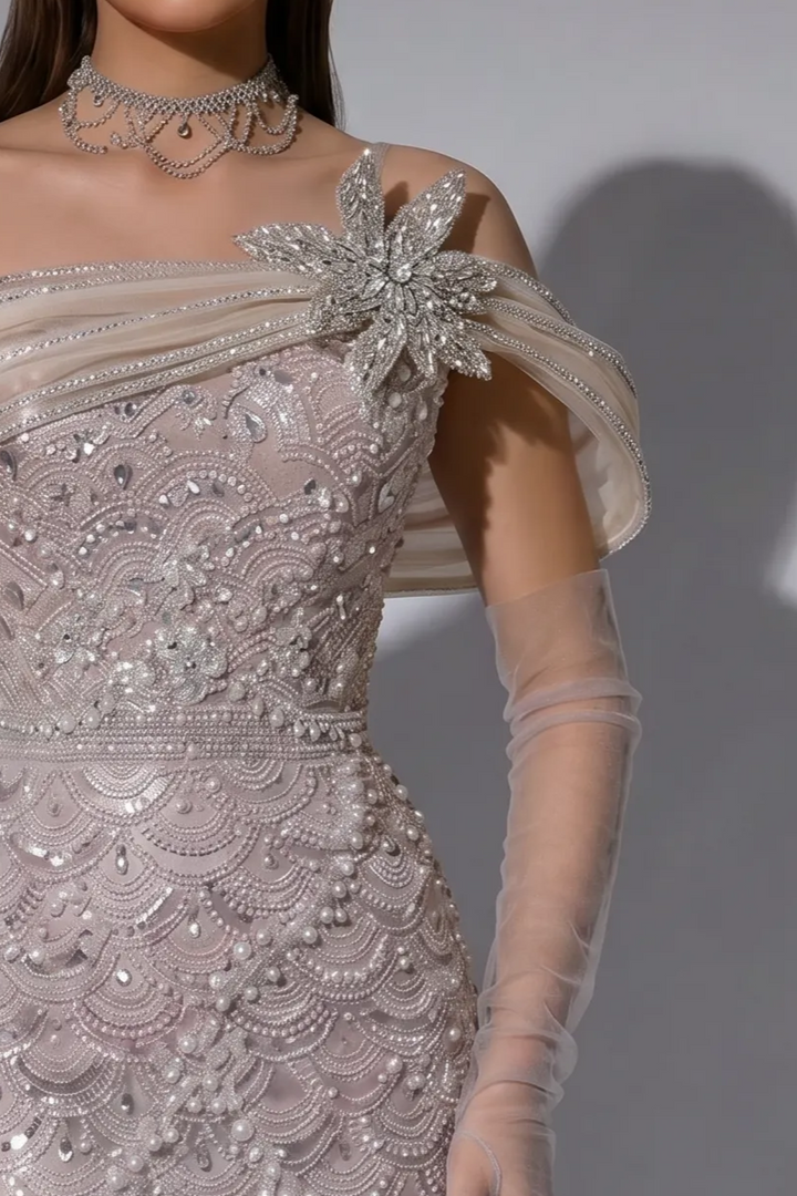 Silver Mermaid Evening Gown with Draped Off-the-Shoulder Neckline, Hand-Beaded Lace and Crystal Floral Brooch Plus Size