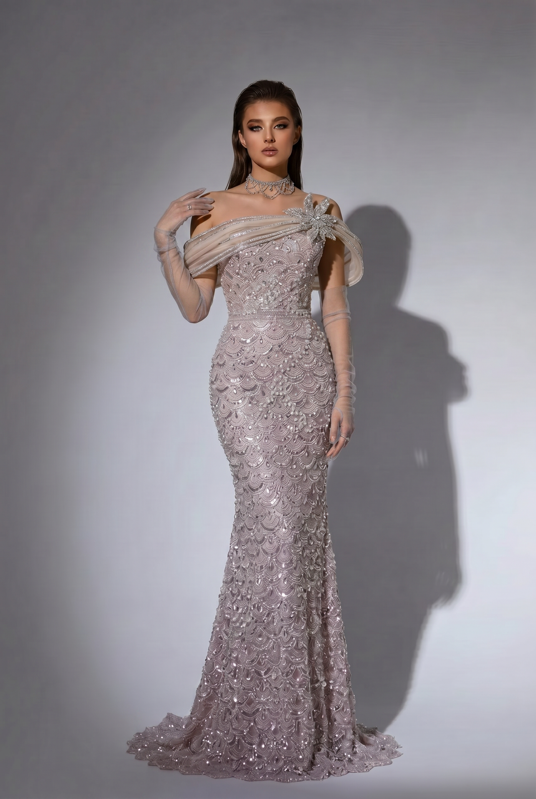 Silver Mermaid Evening Gown with Draped Off-the-Shoulder Neckline, Hand-Beaded Lace and Crystal Floral Brooch Plus Size