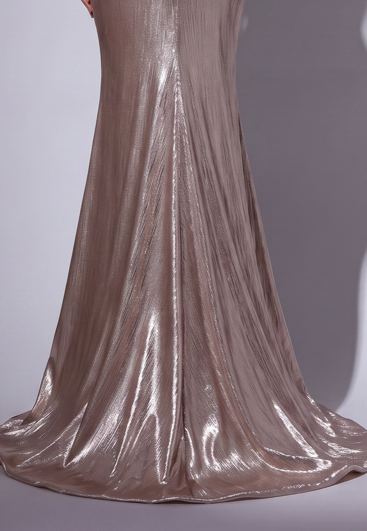 Silver Off the Shoulder Mermaid Evening Dress - Metallic Draped Gown with Fitted Silhouette and Corset Back - Formal Dress Plus Size