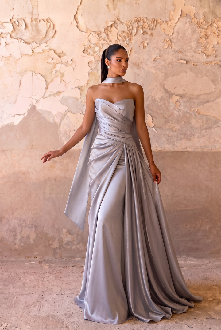 Silver Satin Evening Gown with Sweetheart Neckline, Detachable Choker Scarf & Draped A-Line Formal Dress Plus Size