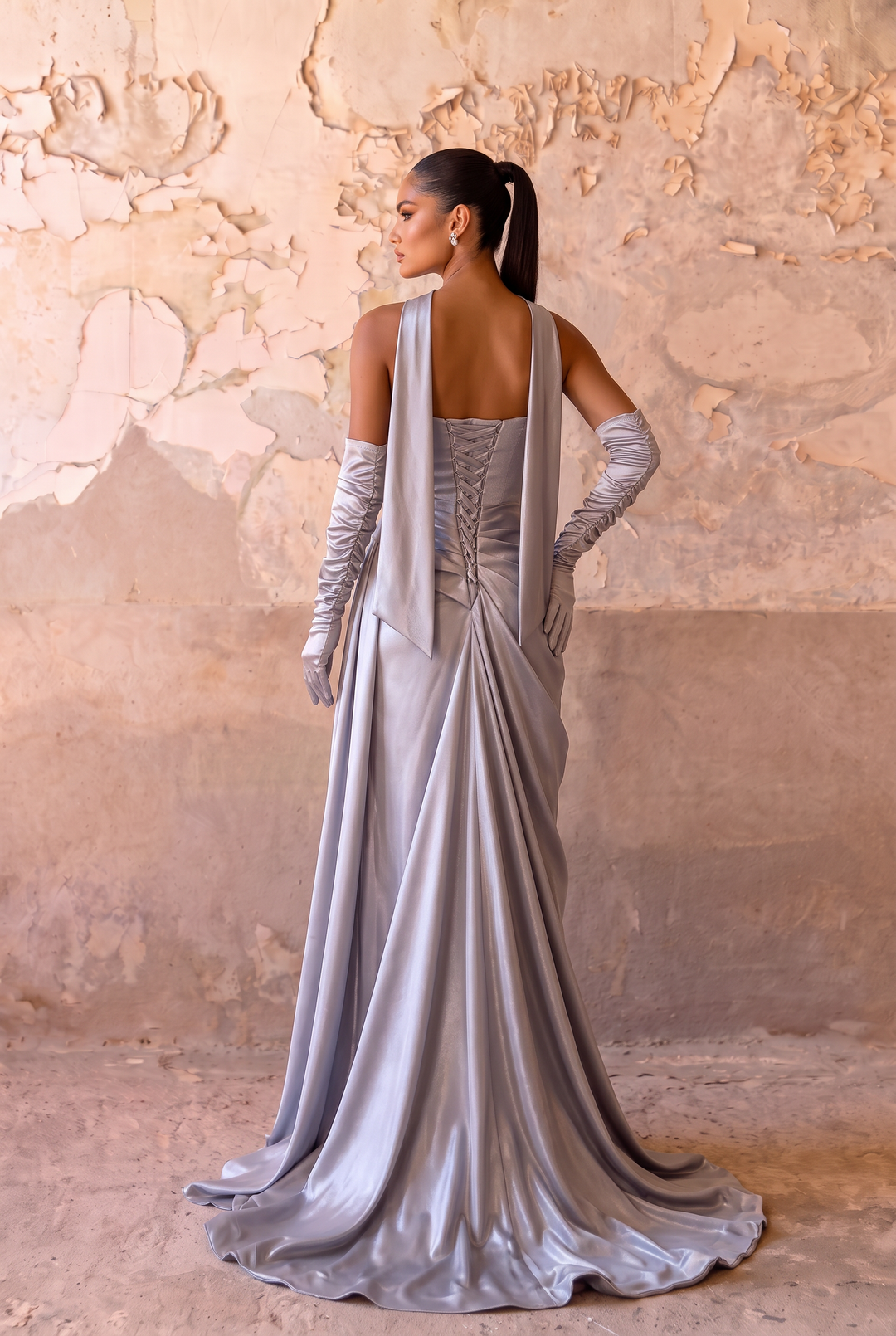Silver Satin Evening Gown with Sweetheart Neckline, Detachable Choker Scarf & Draped A-Line Formal Dress Plus Size