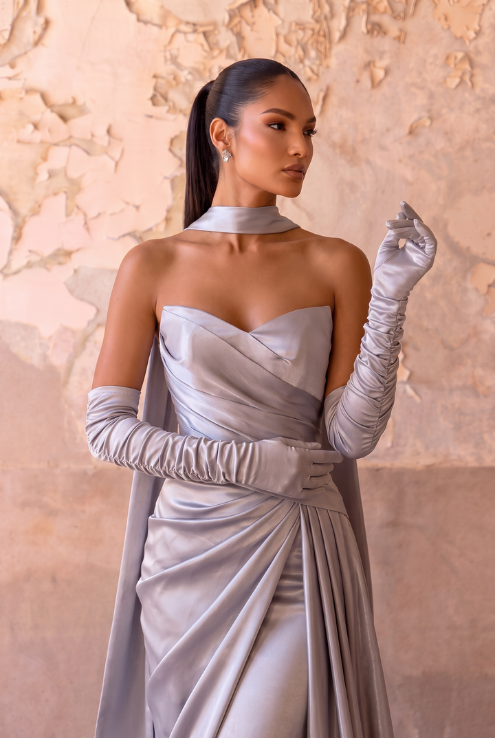 Silver Satin Evening Gown with Sweetheart Neckline, Detachable Choker Scarf & Draped A-Line Formal Dress Plus Size