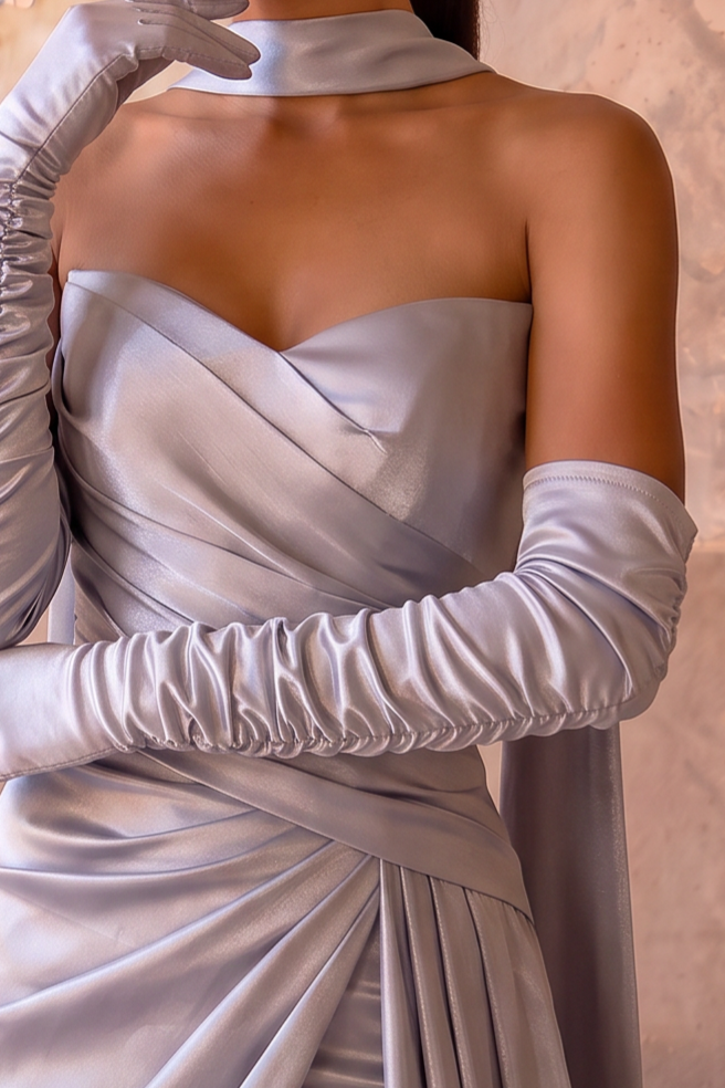 Silver Satin Evening Gown with Sweetheart Neckline, Detachable Choker Scarf & Draped A-Line Formal Dress Plus Size