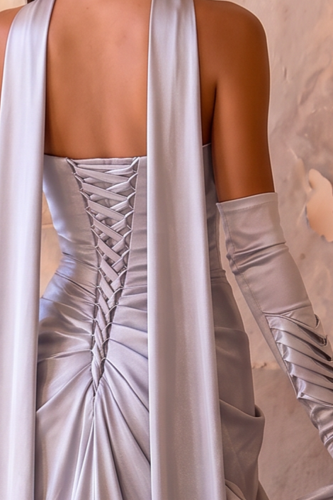 Silver Satin Evening Gown with Sweetheart Neckline, Detachable Choker Scarf & Draped A-Line Formal Dress Plus Size